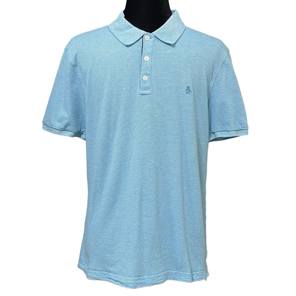 Original Penguin Polo Shirt Medium Light Blue Textured Cotton Classic Fit Casual